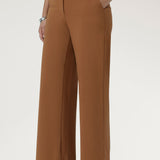 Close-up of the toffee Wide Leg Pant front fly fastening with hook and bar closure and waistband with belt loops.