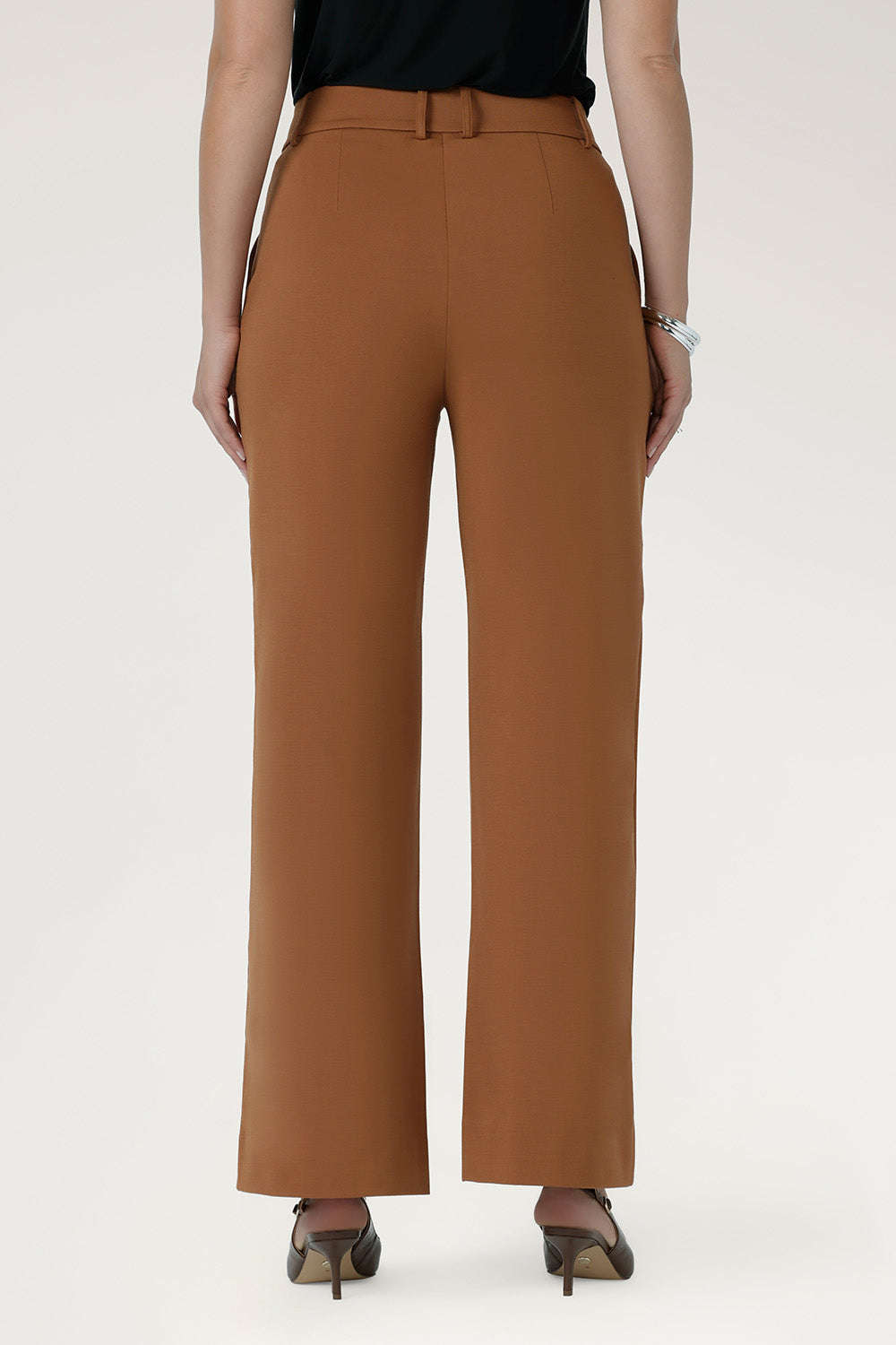 Close-up back view of the toffee Wide Leg Pant showing the high-rise waistband and belt loops.