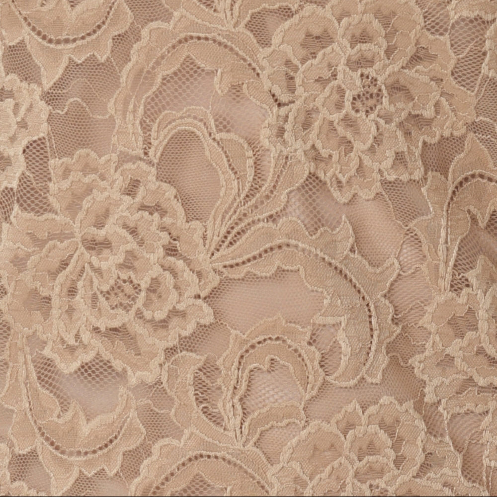 Beige floral lace fabric with intricate embroidered flowers and mesh backing, shown in a close-up texture view.
