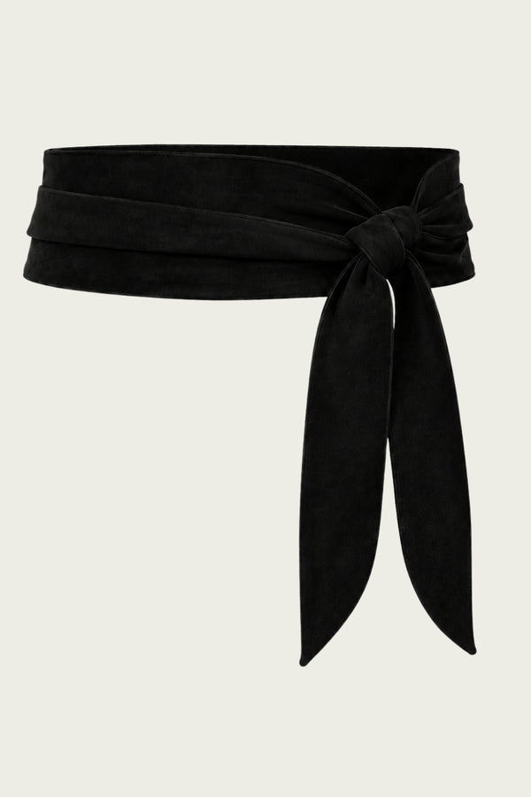 Australian-made Obi Belt crafted from premium faux suede with a wide wrap silhouette and adjustable tie front, available in three sizes catering to women’s sizes 8–24.