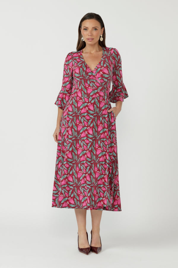 Portia Wrap Dress crafted from signature dry-touch stretch jersey, featuring a flattering wrap neckline, elegant fluted sleeves and effortless day-to-evening versatility.