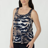 Women’s sleeveless top with a square neckline, subtle bust darts and wide bra-friendly shoulder straps for effortless everyday dressing.