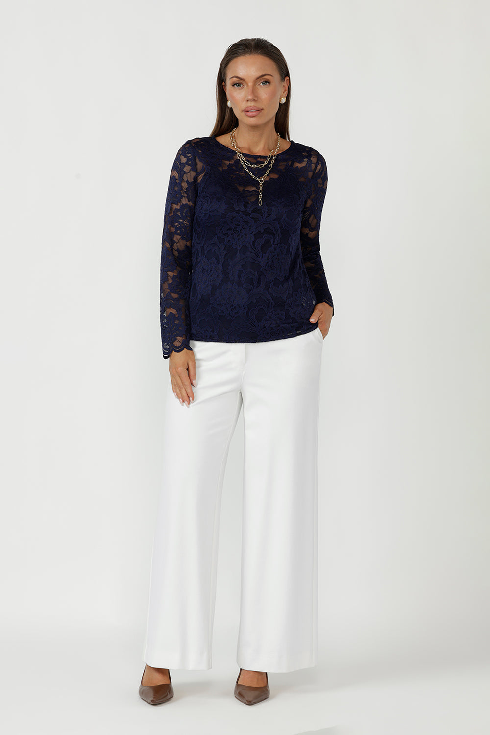 With a sheer silhouette, boat neckline, and delicate scalloped sleeves, it’s ideal for event-ready styling and modern, comfortable dressing in sizes 8–24.