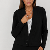 Sandro jacket-style cardigan with a flattering V-neckline, crossover centre-back detail and sleek soft suiting silhouette perfect over dresses.