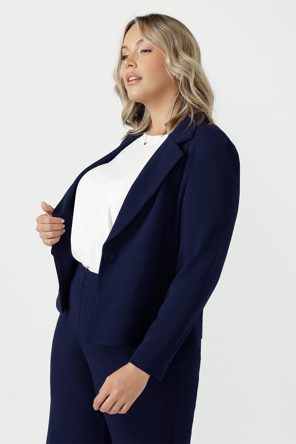 Australian-made Sara Jacket featuring a structured tailored fit, classic notch lapels, button-up front and soft stretch Smart Crepe fabric.