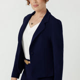 Sophisticated women's Sara Jacket designed with a flattering shortline cut, double-layer tailored front, full-length sleeves and elegant notch lapels.