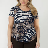 Sawyer short sleeve women’s top crafted from premium stretch jersey with a flattering round neck and curved shirttail hem for effortless layering.