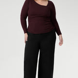For a more refined and statement-making choice, the Simmi Top in Wine delivers a bold touch of sophistication to your wardrobe. Crafted from luxurious, heavy-weight Lyocell Knit, this flattering style is defined by its striking asymmetrical neckline and delicate ruching at the shoulder and sides, creating a beautifully sculpted silhouette.