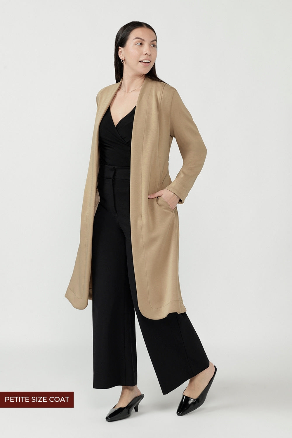 Sorel Trench Coat crafted from luxe stretch Modal fabric with a sophisticated belted silhouette, concealed pockets, and available in both regular and petite lengths for the perfect fit.