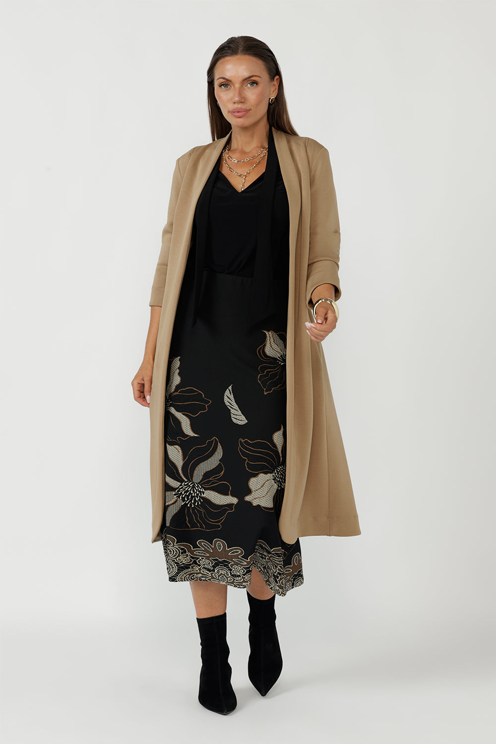 Australian-made Sorel Trench Coat designed in luxe Modal fabric with a collarless neckline, concealed seam pockets and refined tailoring for versatile wear.