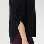 Black Tencel blouse with 3/4 ruched detailed sleeves add and elegant touch to classic black shirt. Available in sizes 8-24. 