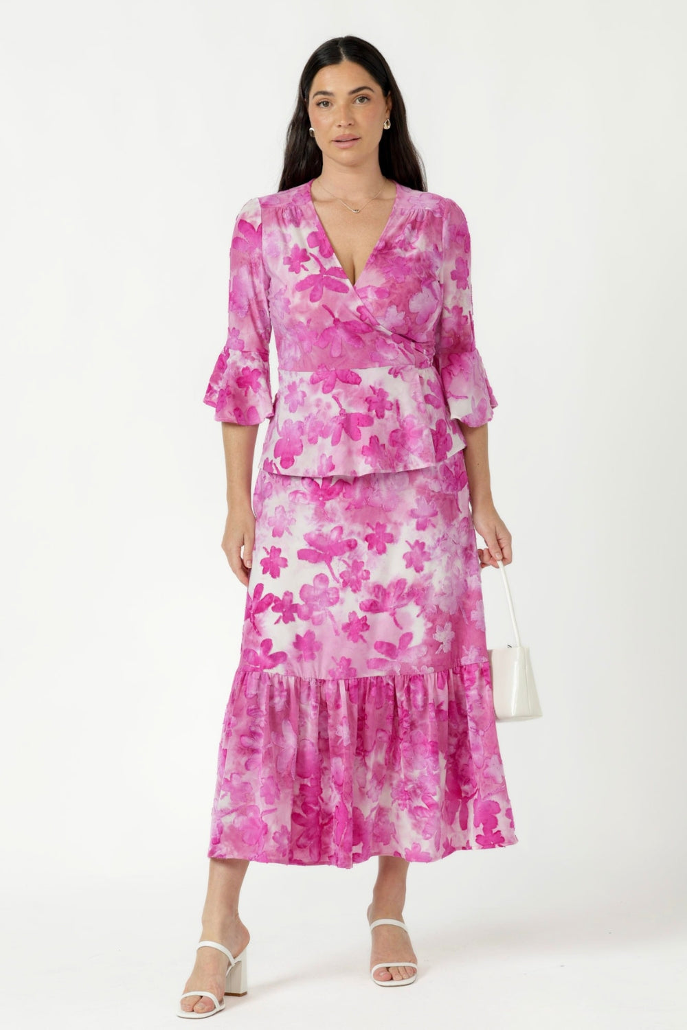 Australian-made Tova Skirt featuring luxe stretch burnout fabric, flattering back darts and a flowing silhouette with feminine gathered frill detailing.