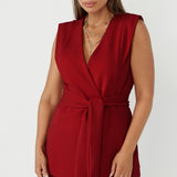 Flame red women’s vest with structured shoulders, notch collar, and belt, luxe scuba crepe office wear Australia