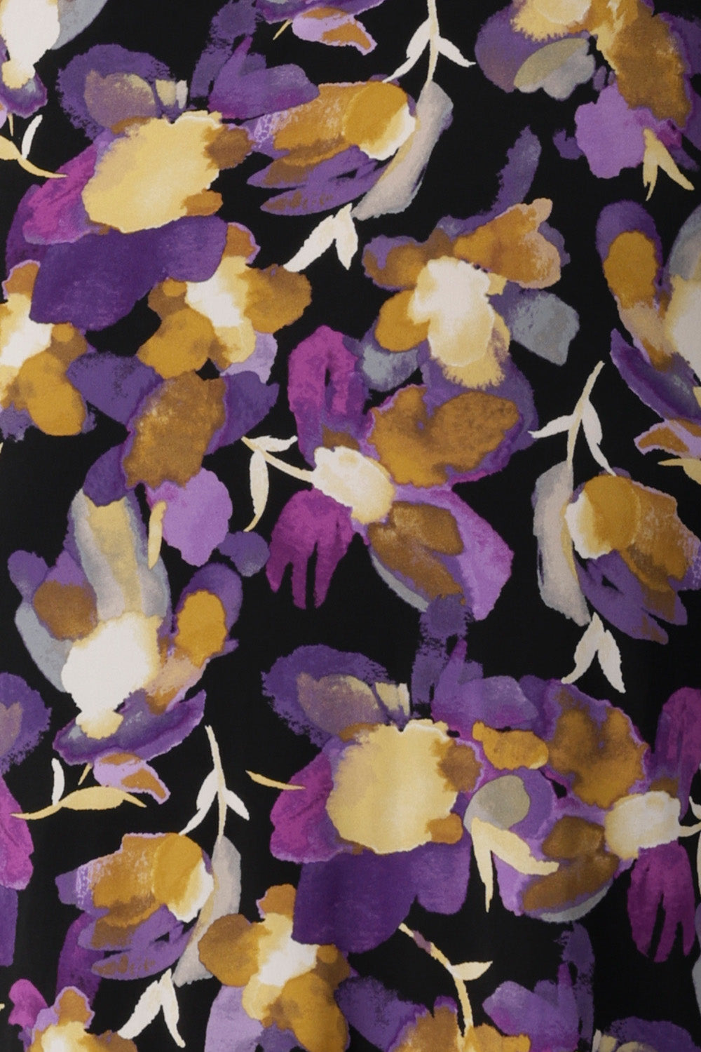Image swatch of the Winterly Print 
proudly designed and made in Australia, this piece showcases a stunning painterly-style floral print with rich purples and soft yellow hues that bring any outfit to life. Used by Australian designed brand to create a collection of women's clothing, featuring pants, tops, and dresses. Available in sizes 8-24. 