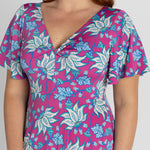 printed maxi dress with flutter sleeves and deep ruffle at the hem