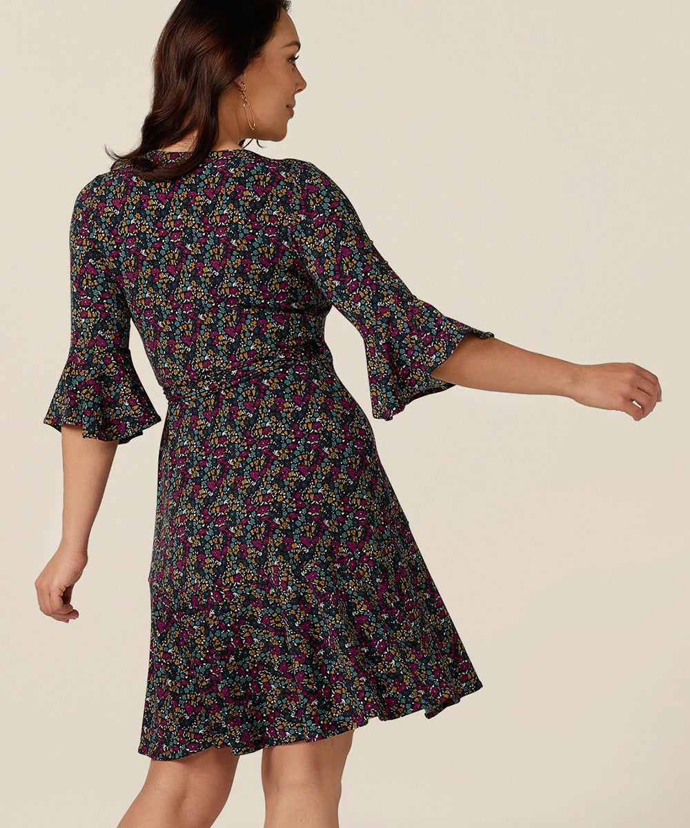 short wrap dress with fluted sleeves